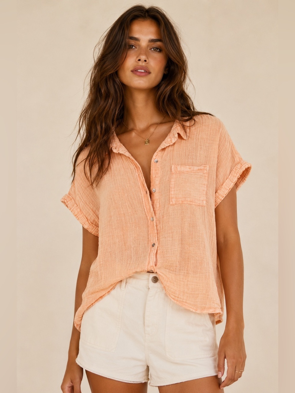 Lola River Gauze Peach Shirt Cotton Button Up Collared Beach Resort Coastal Boho